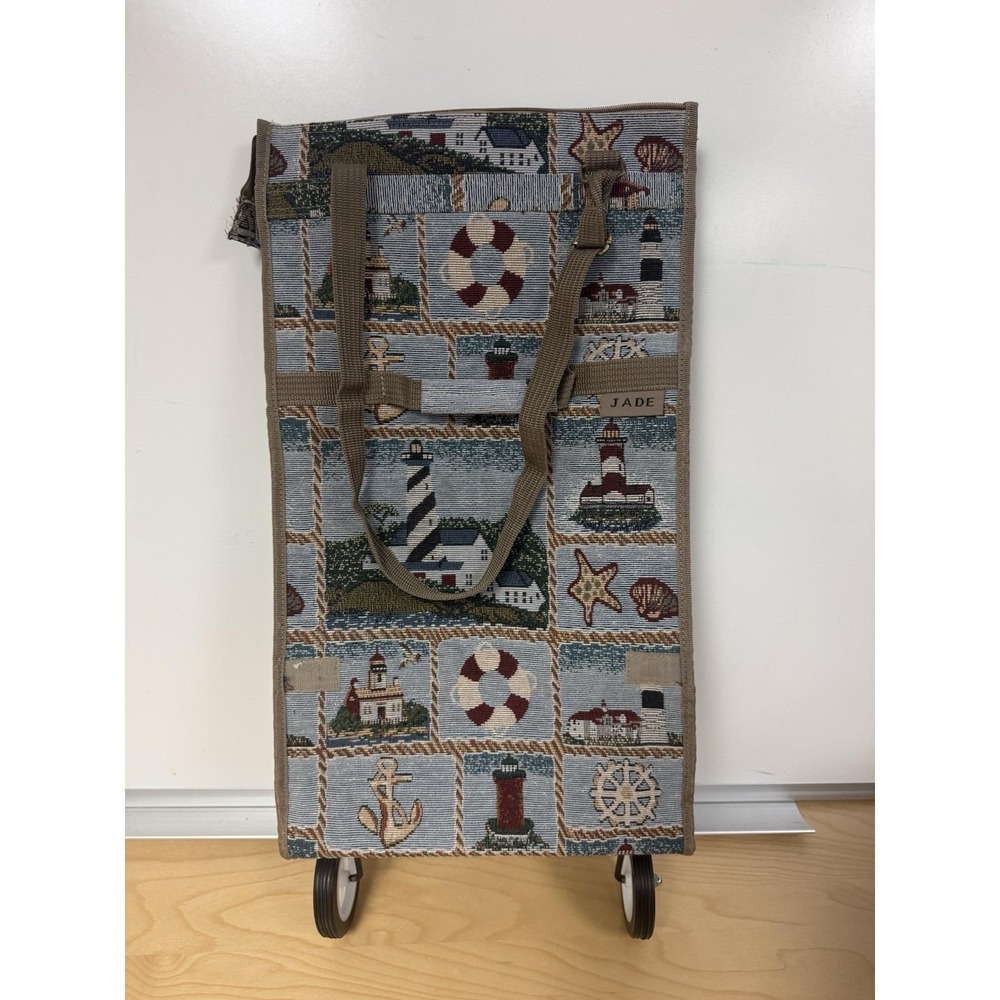 Vintage Jade Rolling Travel Bag Handles Wheels Nautical Tapestry Pattern 23 in